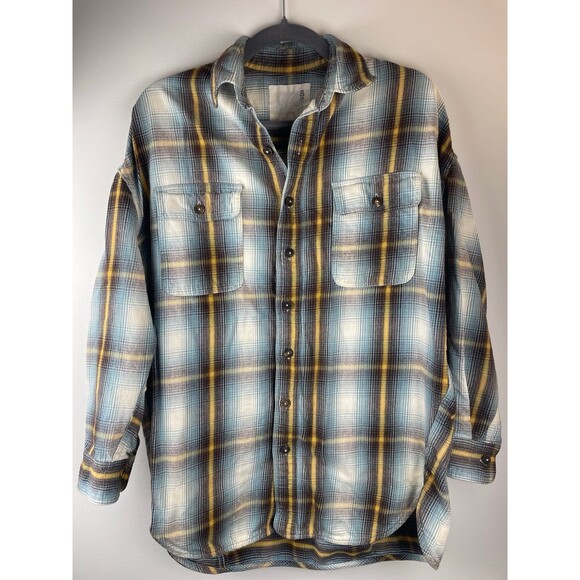 R-13 oversized blue/yellow plaid long sleeve button down 2 pockets shirt size sm - Picture 1 of 11